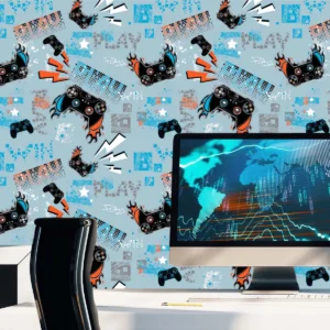 Papel De Parede Gamer Jogos Adesivo Vinilico Azul 10m