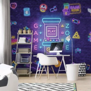 Papel De Parede Gamer Neon Painel 3d Video Game 6 Rolos 9m²