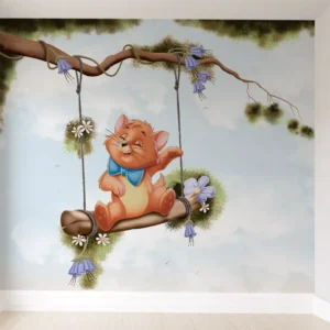 Papel De Parede Gatinha No Balanço Floral Infantil Pp38 M²