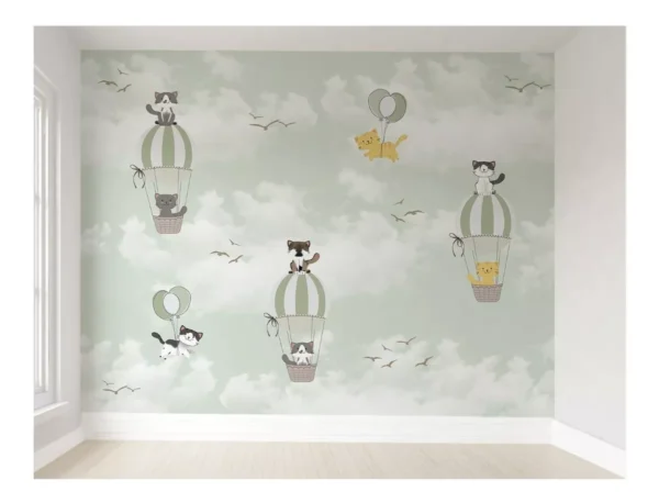 Papel De Parede Gatinhos Balão Quarto Infantil Vr256 9m²