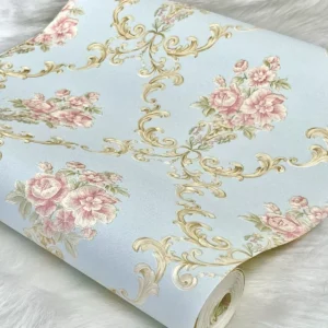 Papel De Parede Importado Alto Relevo Azul Com Flores Rosas