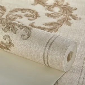 Papel De Parede Importado Arabesco Estilo Bordado Dourado