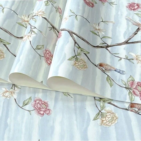 Papel De Parede Importado Rolo 10m X 53cm Floral Azul Rosas