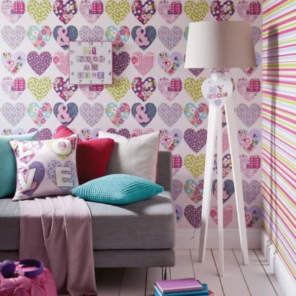 Papel De Parede Importado Rosa Estampado Coração Quarto 4m²