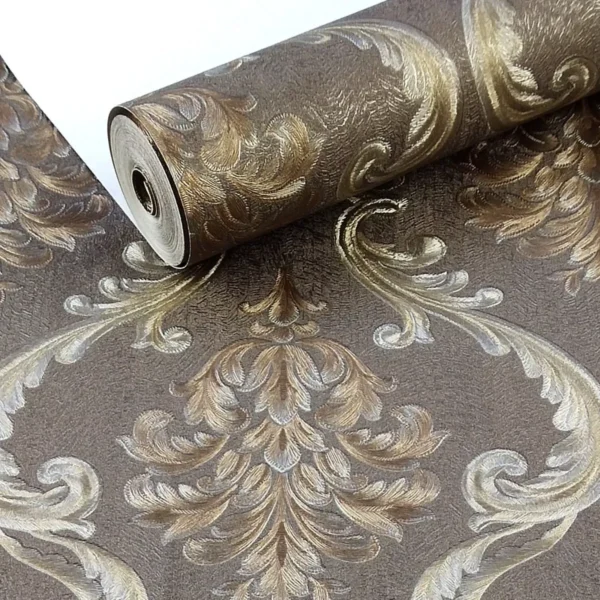 Papel De Parede Importado Textura Damask Marrom Dourado 10m Cola Grátis