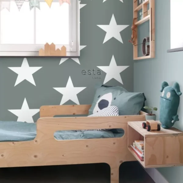 Papel De Parede Importado Verde Estampa Estrelas Quarto 4m²