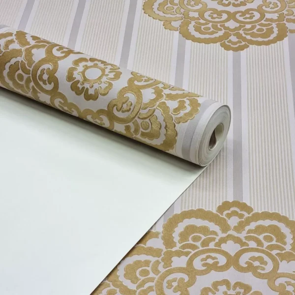 Papel De Parede Importado Vinílico Listrado Dourado Marrom