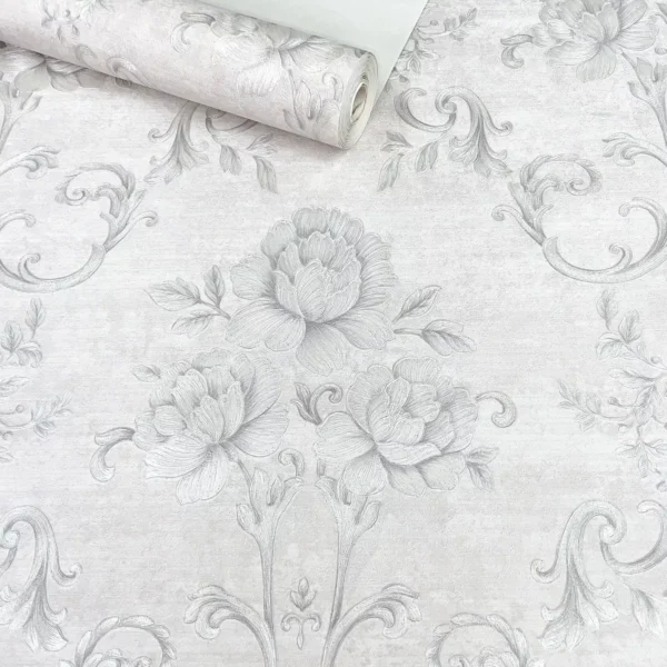 Papel De Parede Importado Vinílico Texturizado Floral Cinza