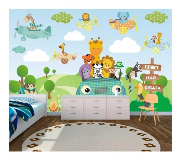 Papel De Parede Infantil Adesivo Safari 3,22x2,58m Zoo M21