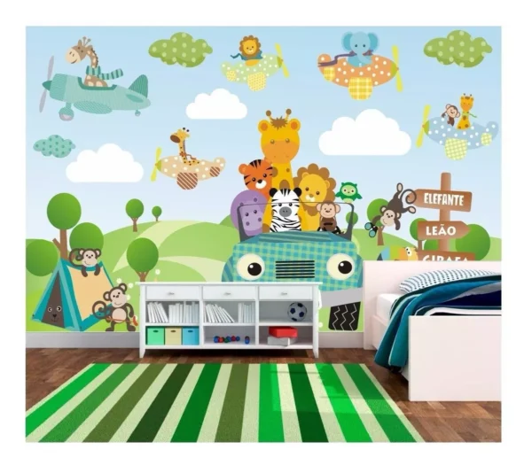 Papel De Parede Infantil Adesivo Zoo Safari Girafa 6m² M21