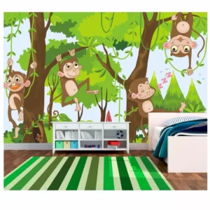 Papel De Parede Infantil Adesivo Zoo Safari Macacos Selva 6m² M12