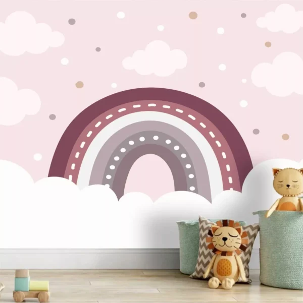 Papel De Parede Infantil Arco Iris Nuvem Rosa Painel G1117