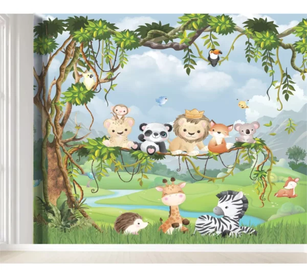 Papel De Parede Infantil Autocolante Selva Safari Quarto M²