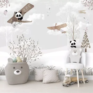 Papel De Parede Infantil Avião Urso Panda Nuvem Painel G1113