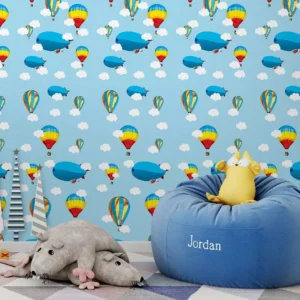 Papel De Parede Infantil Azul Com Balões E Nuvens 3m