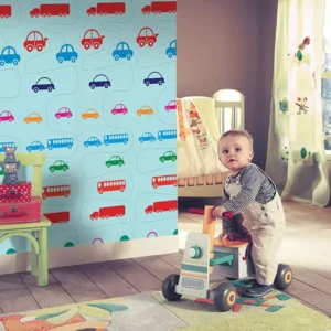 Papel De Parede Infantil Azul Com Carros 3m