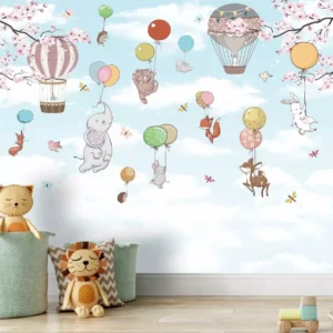 Papel De Parede Infantil Balão Nuvem Zoo Safari Painel G1082