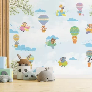 Papel De Parede Infantil Bebê Safari Animal Balão 3m² Vr649