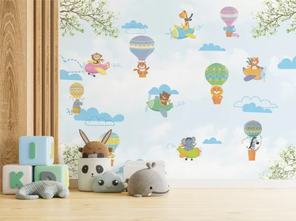 Papel De Parede Infantil Bebê Safari Animal Balão 3m² Vr649