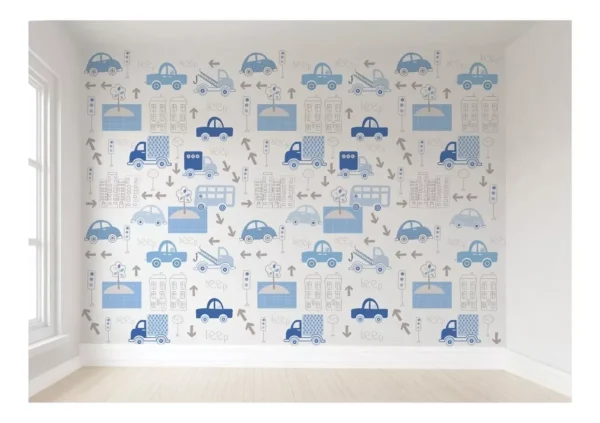 Papel De Parede Infantil Carrinhos Azul Autocolante 4m² Vr83