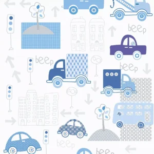 Papel De Parede Infantil Carros E Caminhões Em Azul 3,10m