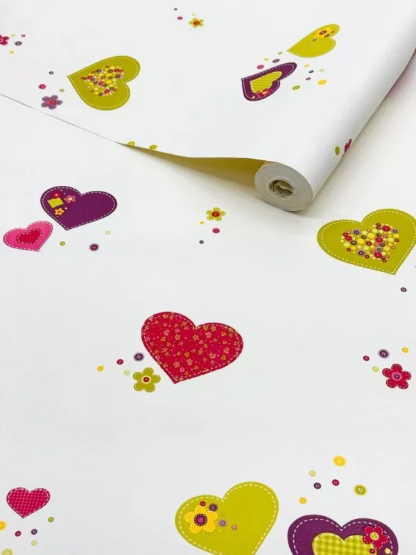 Papel De Parede Infantil Coração Vermelho Roxo Rosa Verde