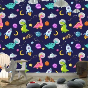 Papel De Parede Infantil Dinossauros Astronautas Planeta 3m