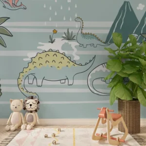 Papel De Parede Infantil Dinossauros Cute Azul Bebê