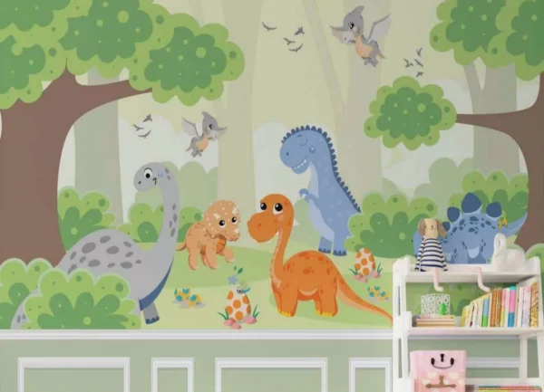 Papel De Parede Infantil Dinossauros Na Floresta