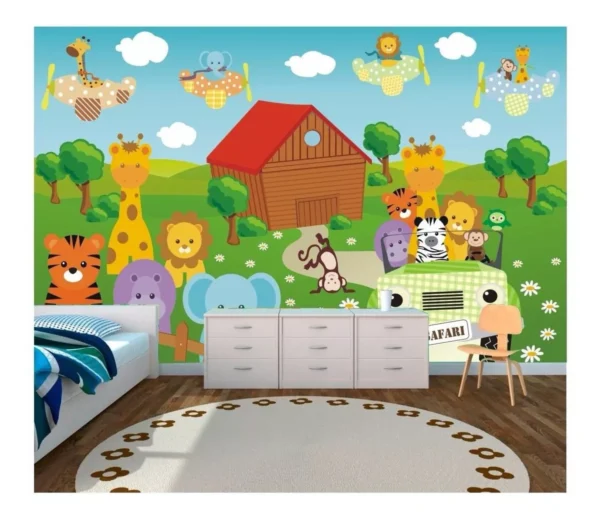 Papel De Parede Infantil Fazendeiro Fazenda Selva Auto Adesivo Zoo Safari Animais 6m² M26