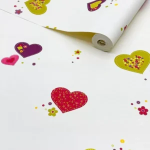 Papel De Parede Infantil Flor Coração Vermelho Rosa Roxo