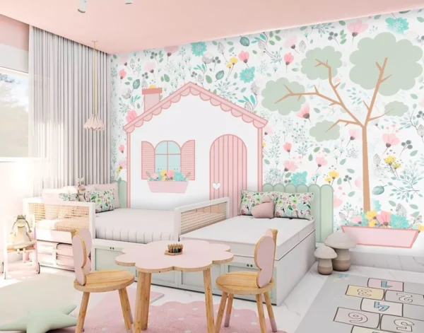 Papel De Parede Infantil Floral Casinha Menina 11 M² Pp477