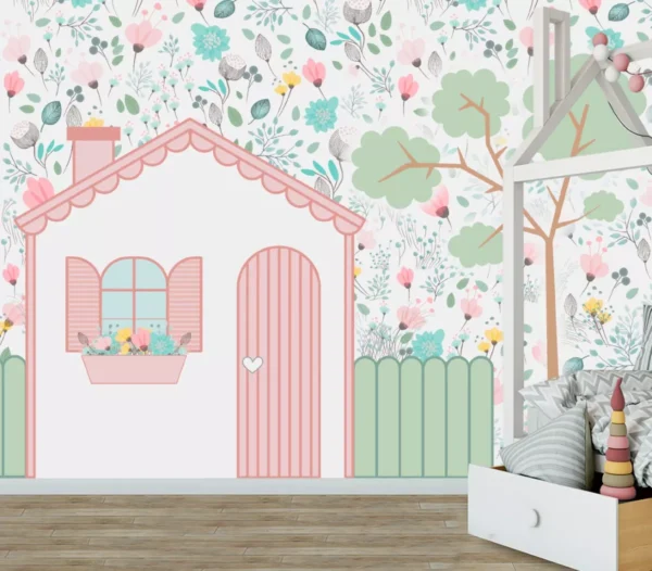 Papel De Parede Infantil Floral Casinha Menina 12m² Vr477