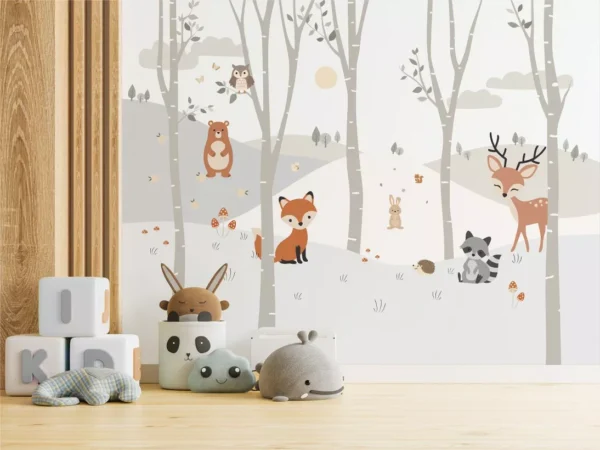 Papel De Parede Infantil Floresta Animais Vegetação 3m Vr644