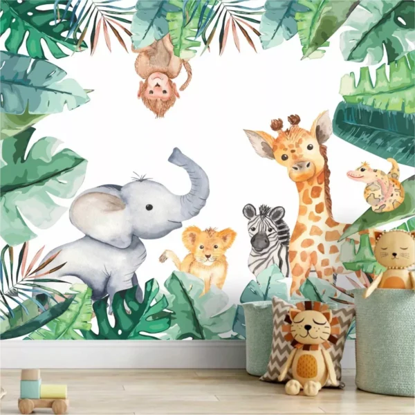 Papel De Parede Infantil Floresta Zoo Safari Aquarela Gg963