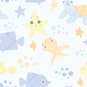 Papel De Parede Infantil Fundo Do Mar Azul Laranja 57x270cm