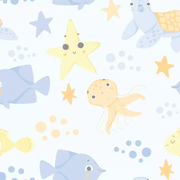 Papel De Parede Infantil Fundo Do Mar Azul Laranja 57x270cm