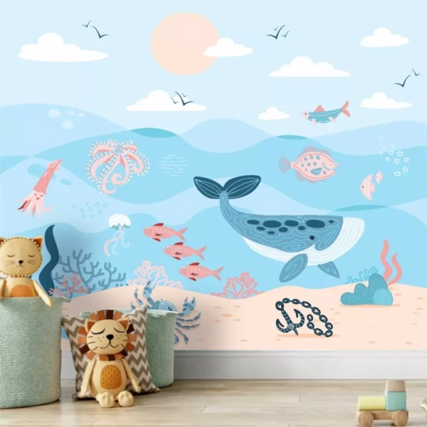 Papel De Parede Infantil Fundo Do Mar Baleia Painel G1007