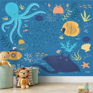 Papel De Parede Infantil Fundo Do Mar Polvo Peixe G1038