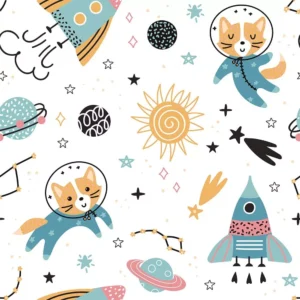 Papel De Parede Infantil Gato Astronauta Espaço Foguete 6m