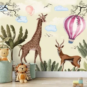 Papel De Parede Infantil Girafa Coqueiro Safari Painel G1043