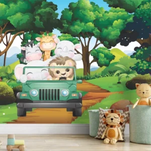 Papel De Parede Infantil Jipe Zoo Safari Animal Painel G1222