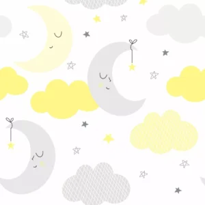 Papel De Parede Infantil Lua Nuvens Amarelo E Cinza - 10m