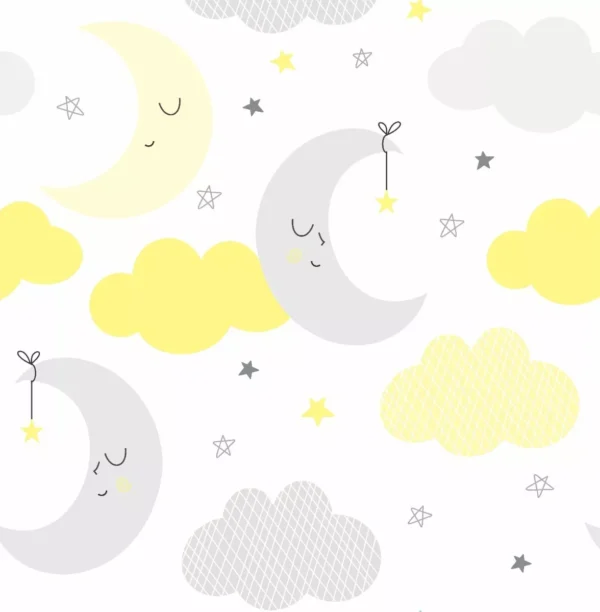 Papel De Parede Infantil Lua Nuvens Amarelo E Cinza - 10m