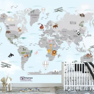 Papel De Parede Infantil Mapa Mundi Avião Animais Azul 02