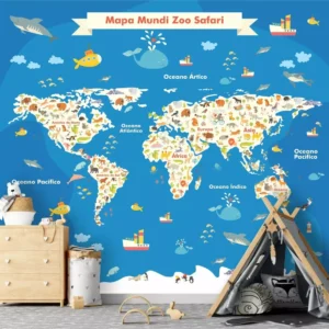 Papel De Parede Infantil Mapa Mundi Zoo Safari Painel G1173