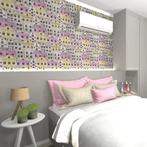 Papel De Parede Infantil Menina Casas Rosa Amarelo Cidade