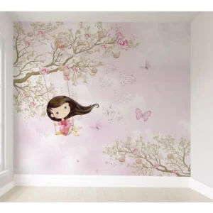 Papel De Parede Infantil Menina No Balanço Arvore Rosa M²