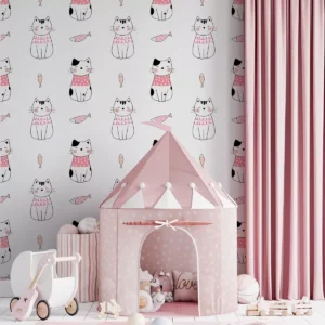 Papel De Parede Infantil Meninas Gato Peixes Sala Quarto 3m