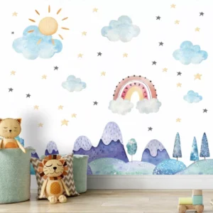 Papel De Parede Infantil Nuvem Arco Iris Aquarelado G1097